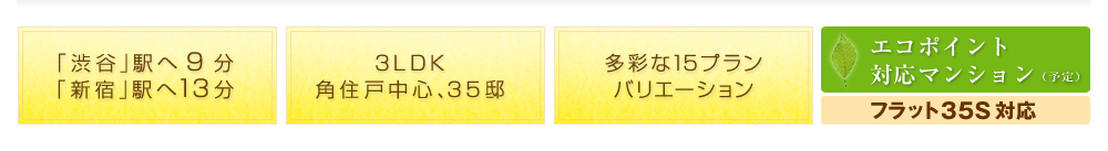 「渋谷」駅へ9分、「新宿」駅へ13分・3LDK角住戸中心、35邸・多彩な15プランバリエーション